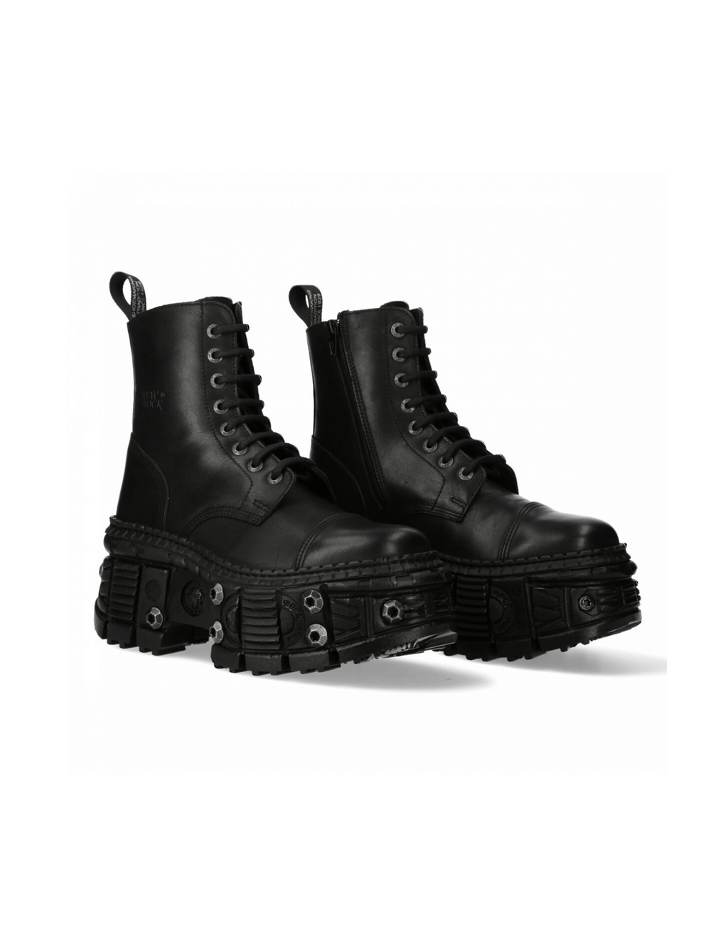 NEW ROCK Black Leather Ankle Platform Boots with Lace-Up and Zipper, featuring rugged military design and bold sole.