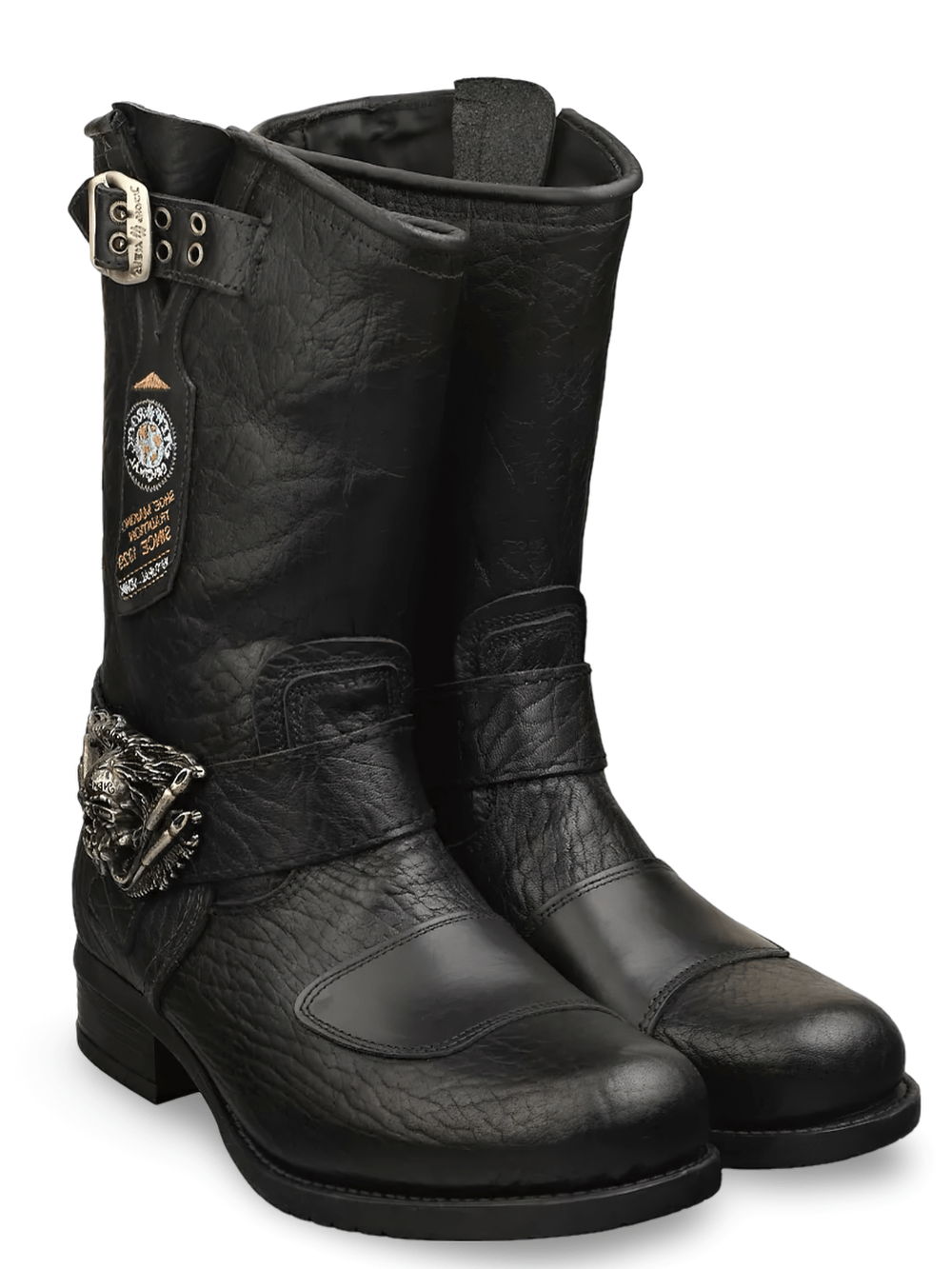 NEW ROCK black leather biker boots with skull buckles, urban style, durable and stylish for men.