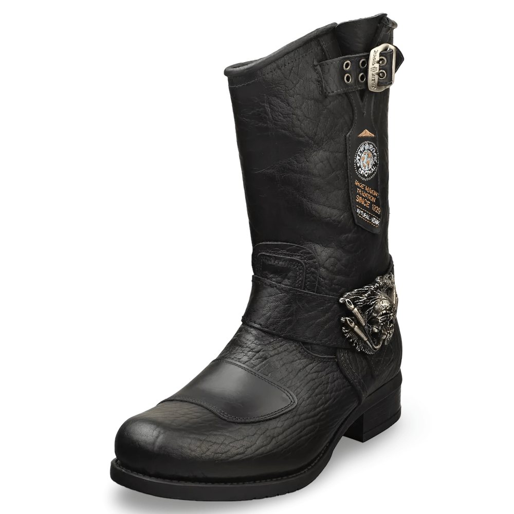 NEW ROCK Black Leather Biker Boot with Skull Buckles, stylish and durable urban footwear for men.