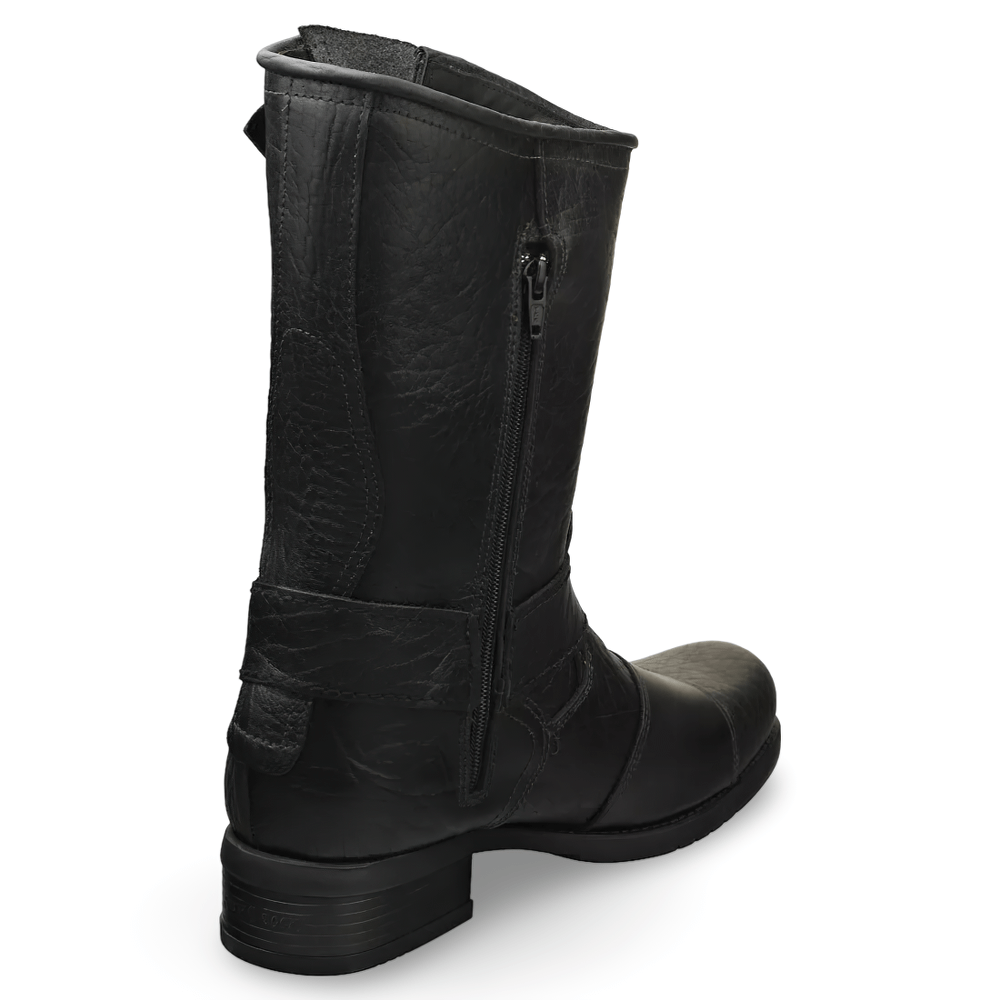 Men's black leather biker boot with zip detail and stylish design, perfect for urban rock fashion.