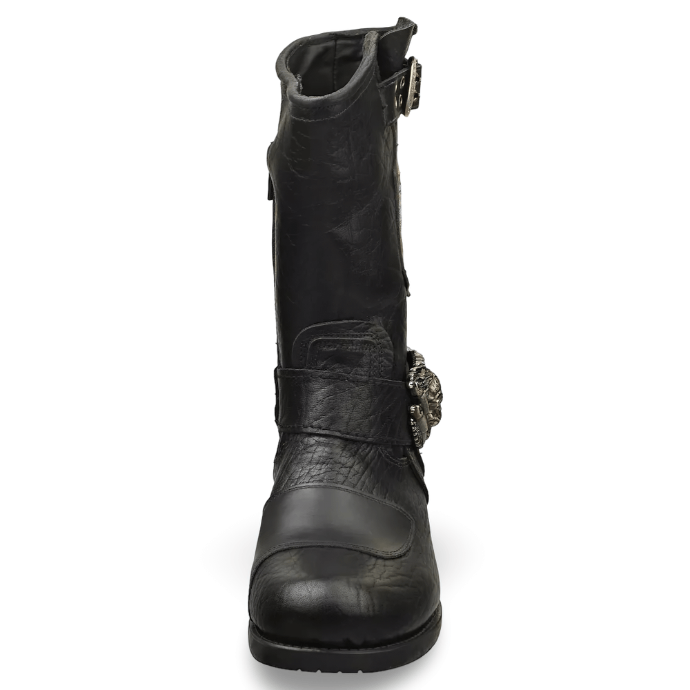 NEW ROCK Black Leather Biker Boots with Skull Buckles