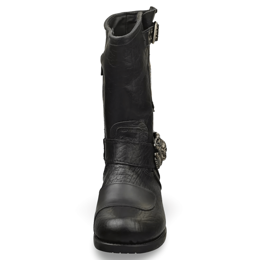 Front view of NEW ROCK black leather biker boots with skull buckles, urban style with a rock edge.