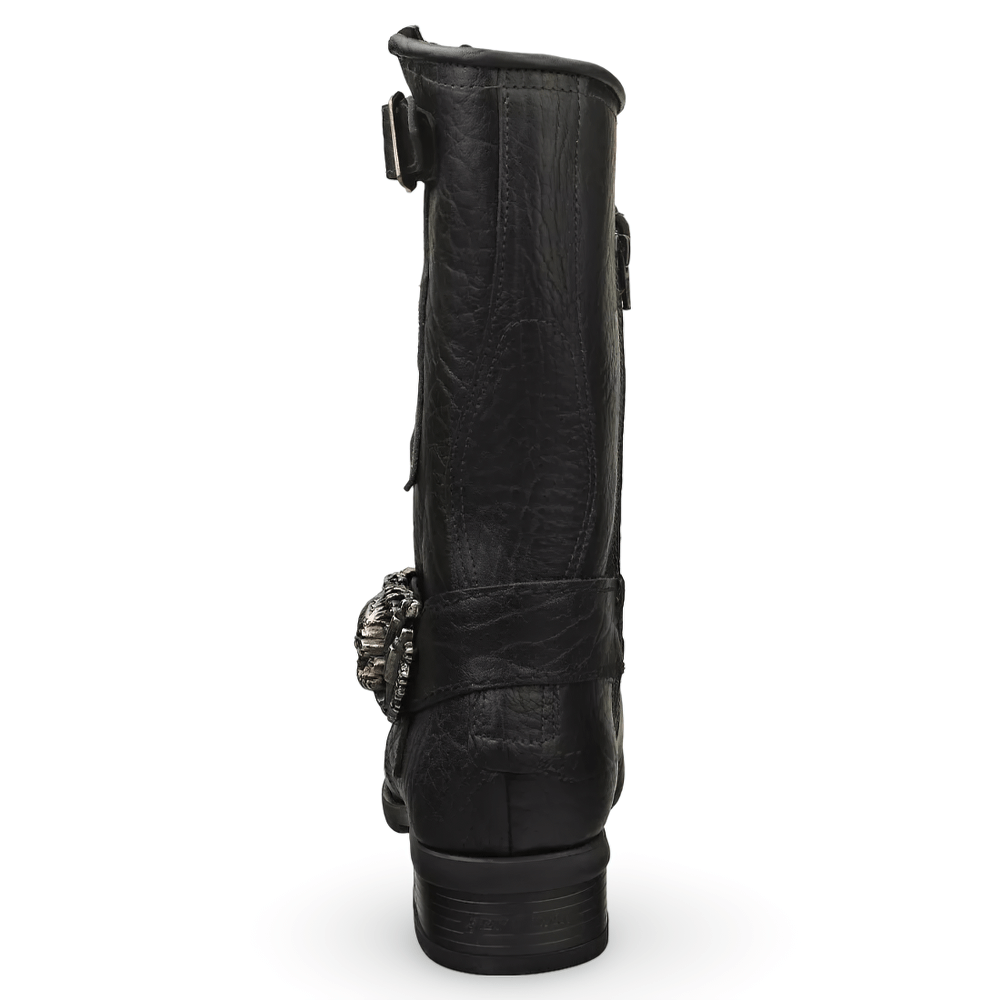 Rear view of NEW ROCK black leather biker boots with skull buckles, showcasing rugged urban style.