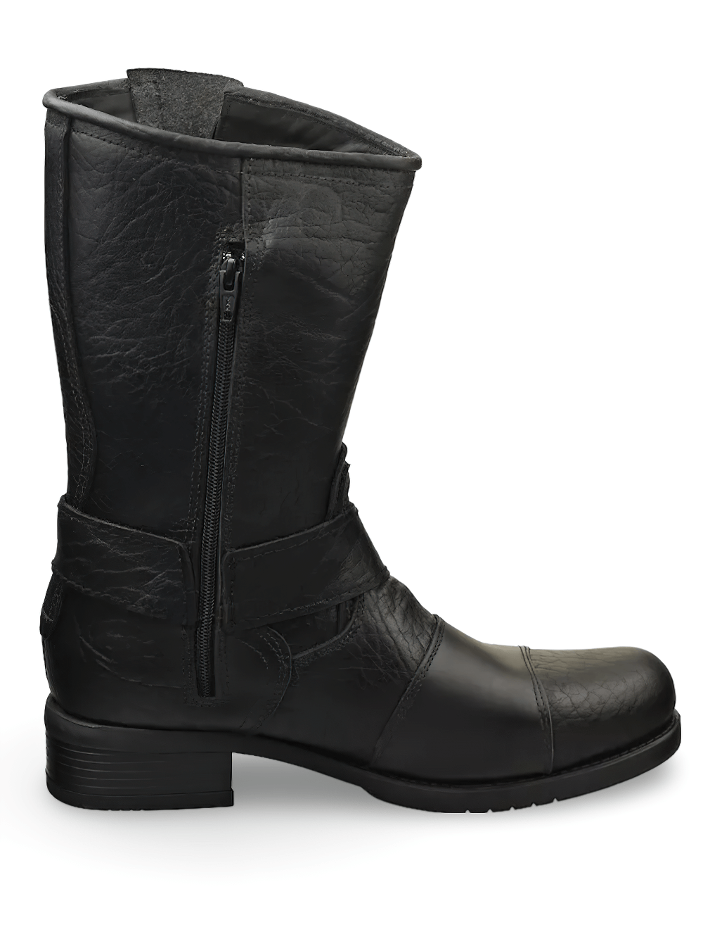 Men's black leather biker boots with skull buckles and zip, designed for urban style and durability.