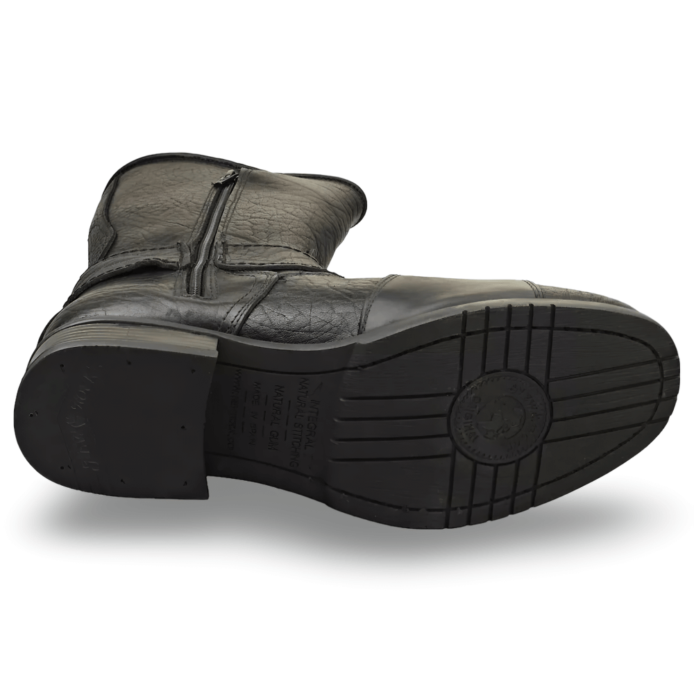 Bottom view of NEW ROCK black leather biker boots showcasing durable sole and zipper detail.