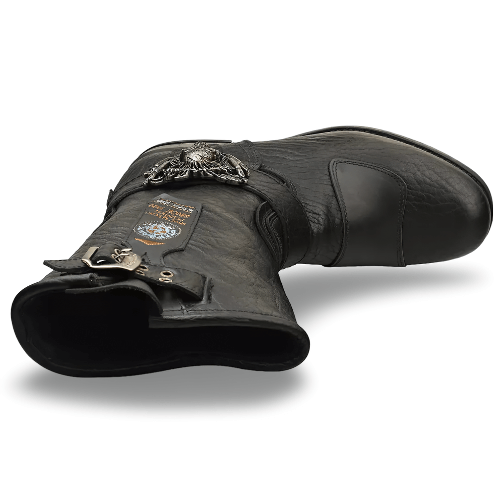 NEW ROCK black leather biker boots showcasing skull buckles and rugged design for urban style.