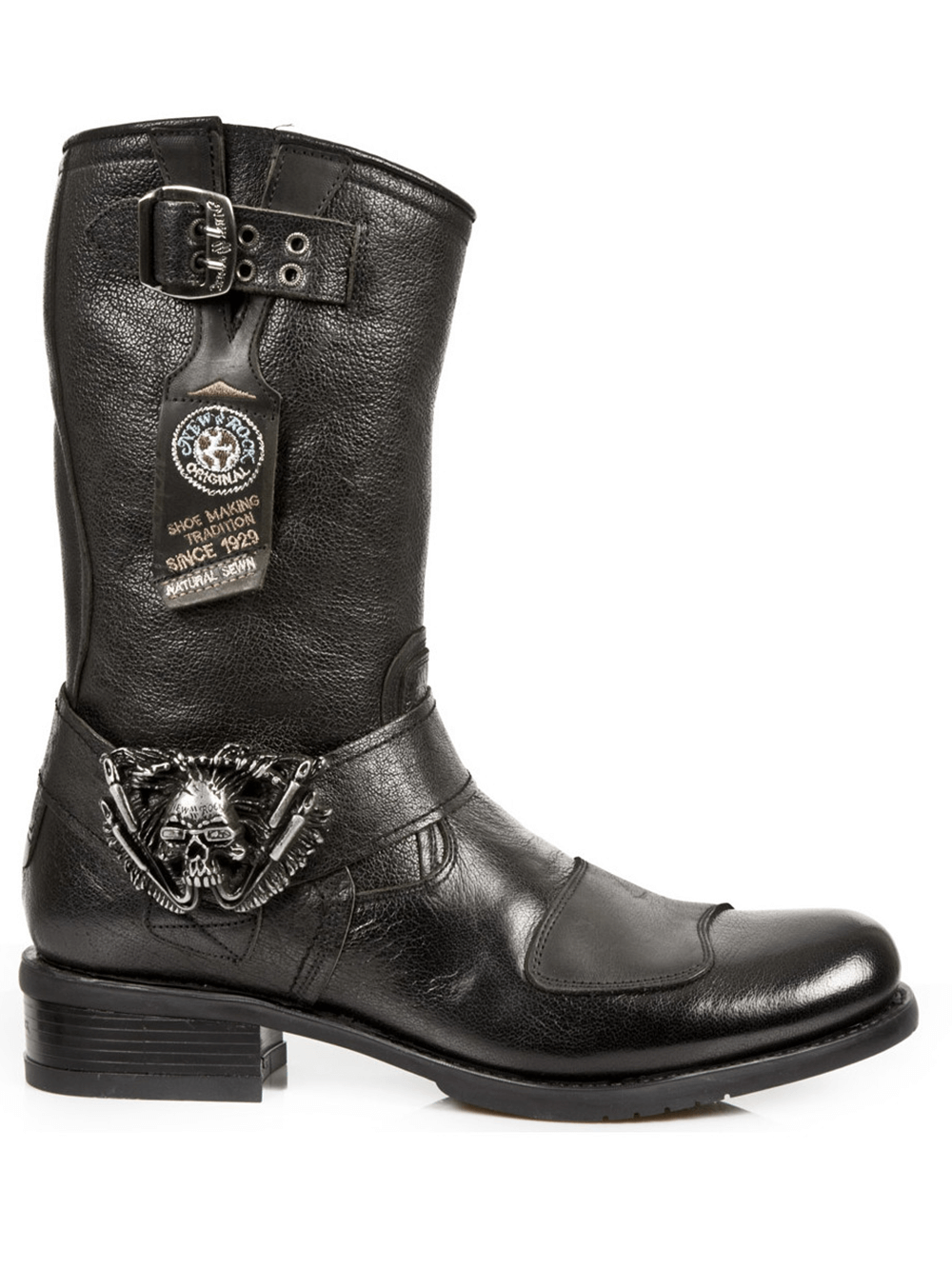 NEW ROCK black leather biker boots with skull buckle detail, stylish and durable for urban adventures.