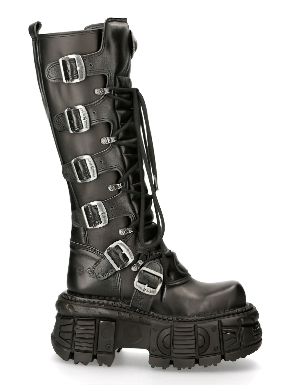 NEW ROCK black leather knee-high combat boots with buckles and platform sole for a gothic punk style.