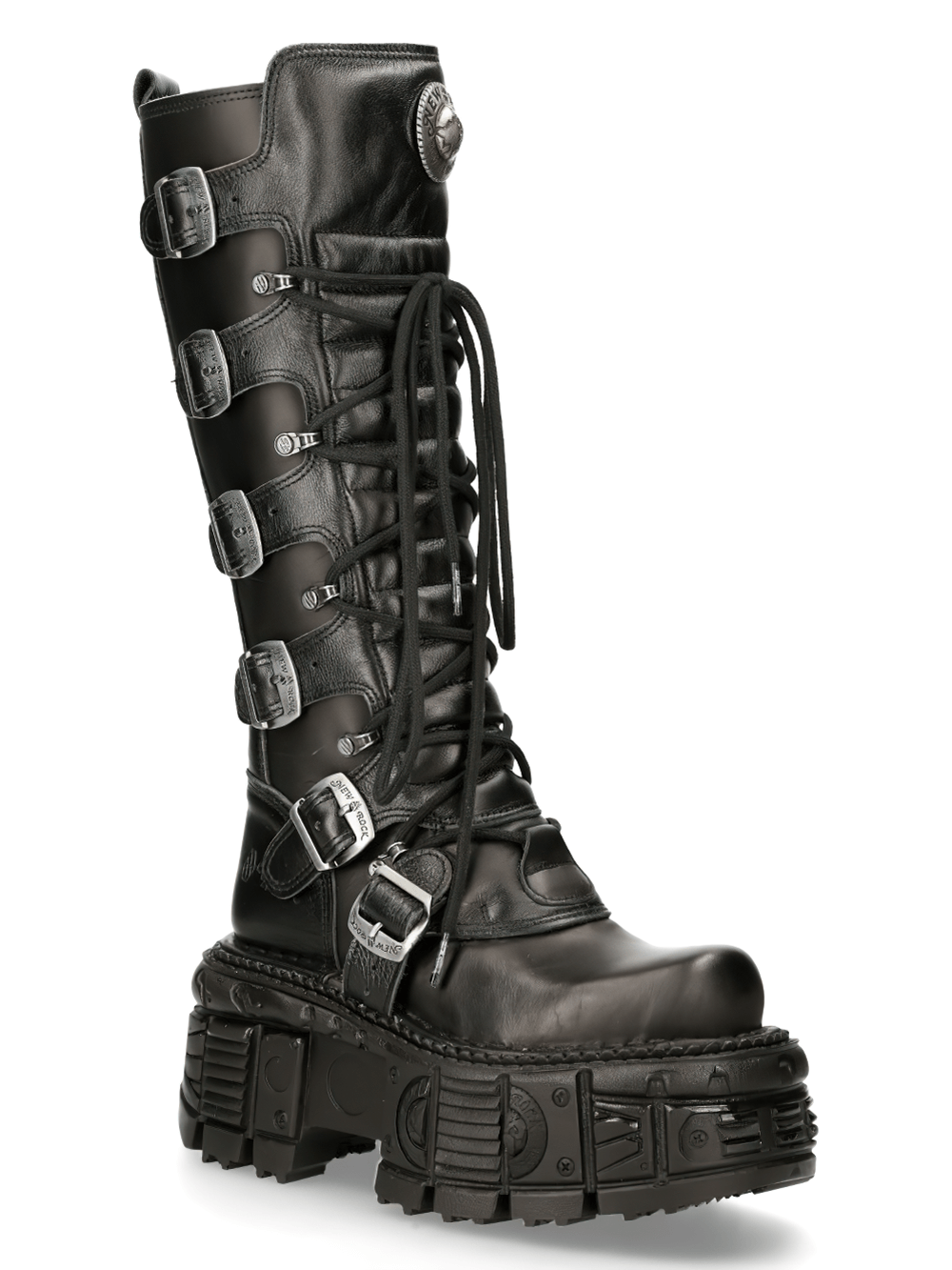 NEW ROCK Black Leather Knee-High Boots with Buckles