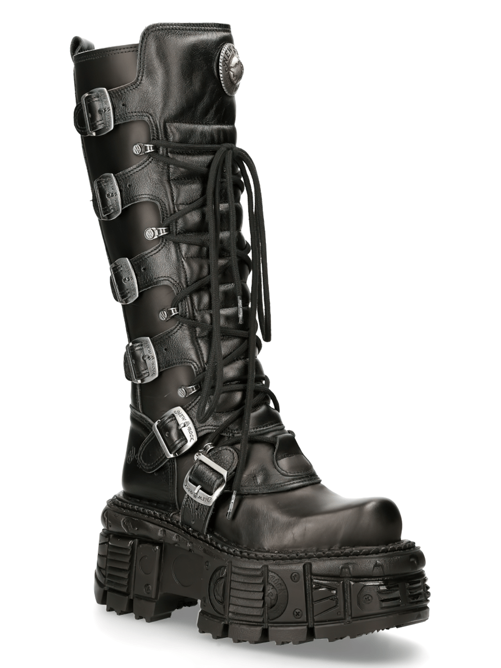 NEW ROCK Men's Gothic Black Leather Knee-High Boots with Buckles and Zipper for a punk rock look.