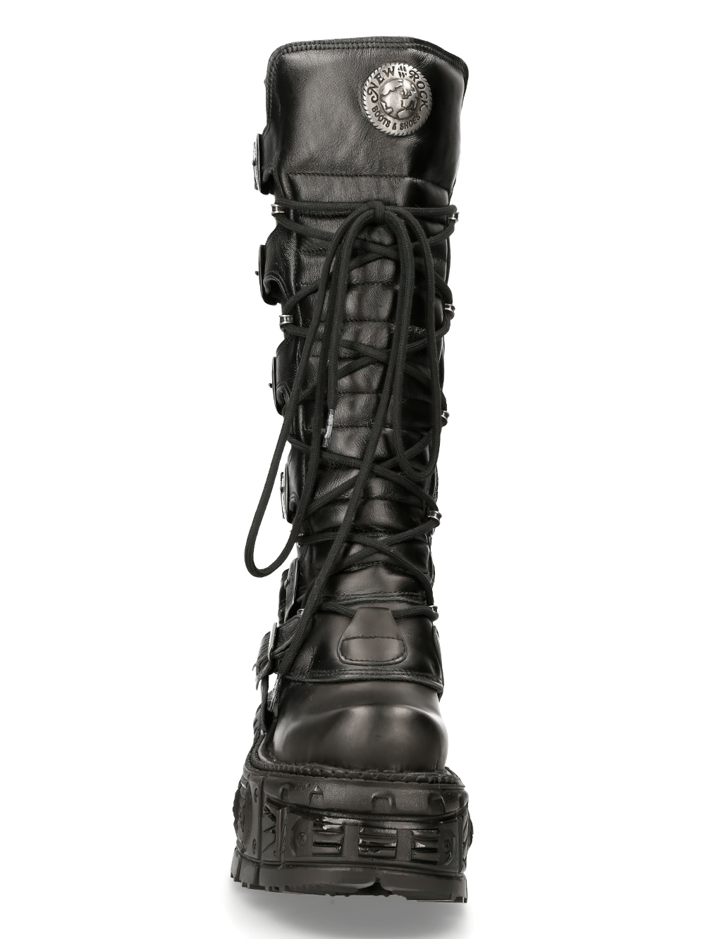 Front view of NEW ROCK black leather knee-high boots with buckles and laces, perfect for gothic and punk styles.