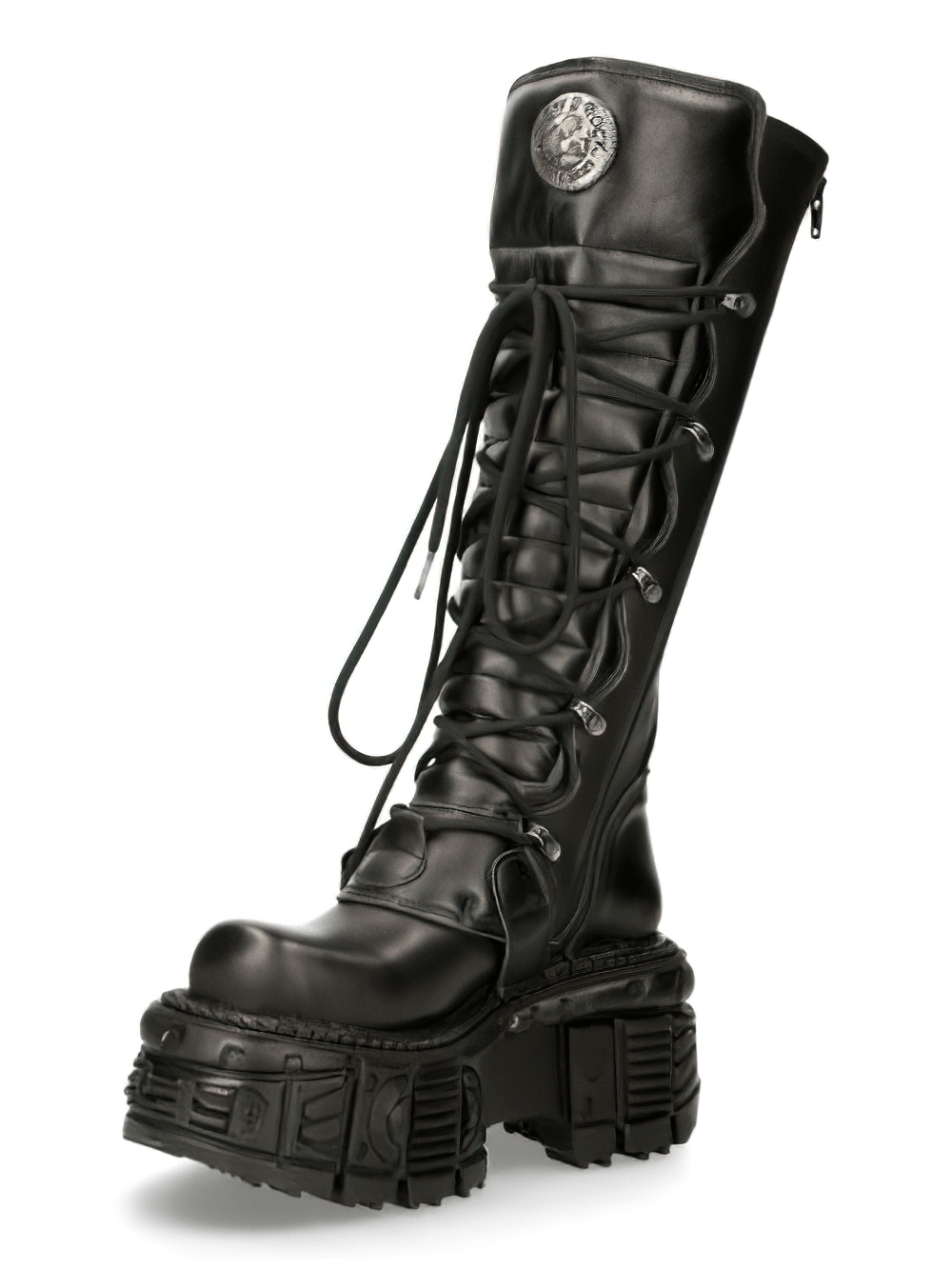 NEW ROCK Men's black leather knee-high boots with buckles and laces, perfect for gothic punk fashion.