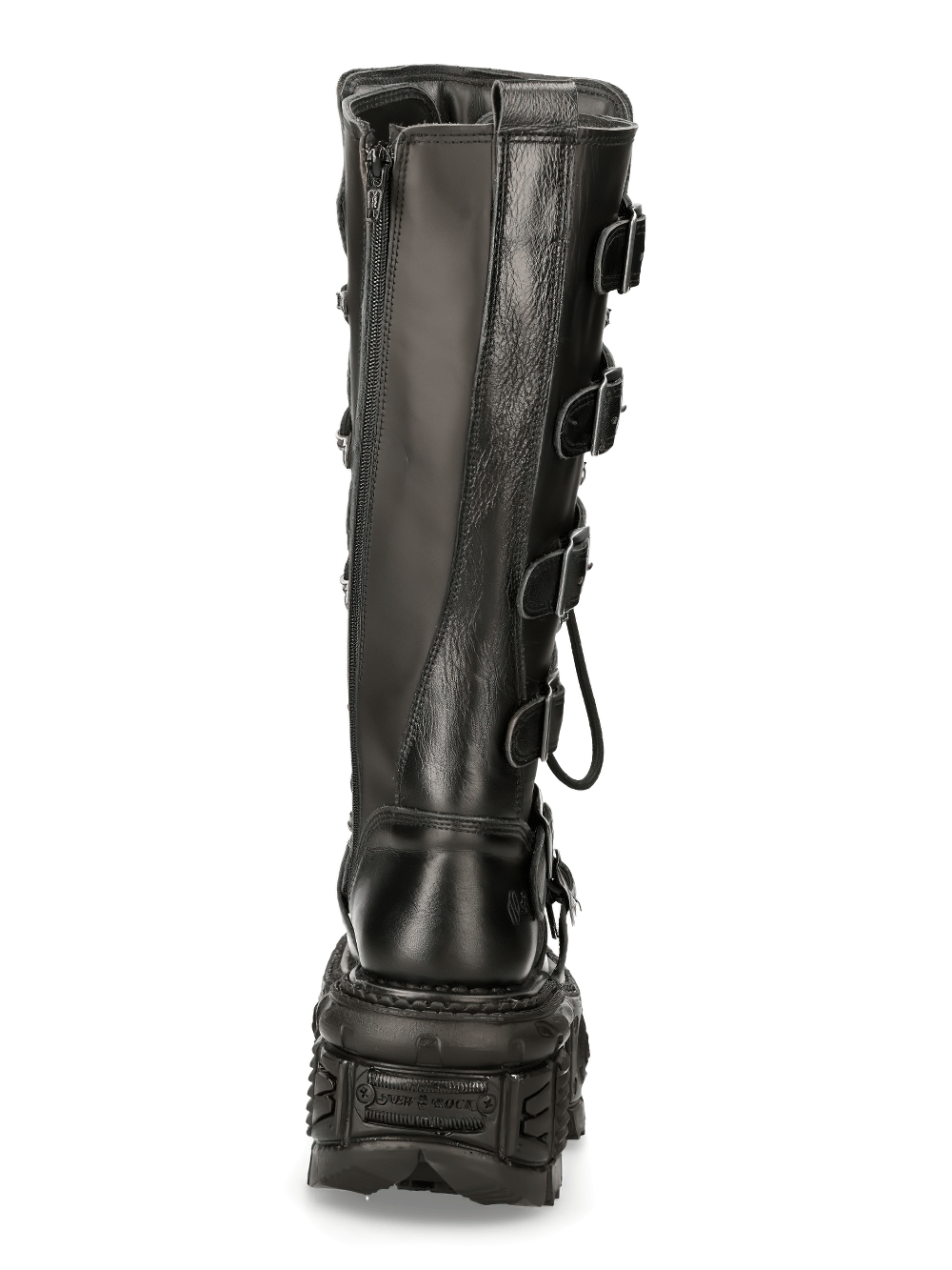 Back view of NEW ROCK black leather knee-high combat boots with buckles and zipper, ideal for Gothic punk fashion.