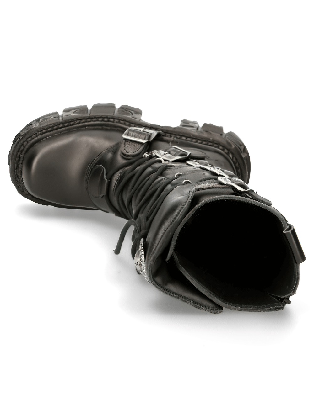 NEW ROCK Men's black leather knee-high boot with buckles and zipper, showcasing a unique Gothic punk style.