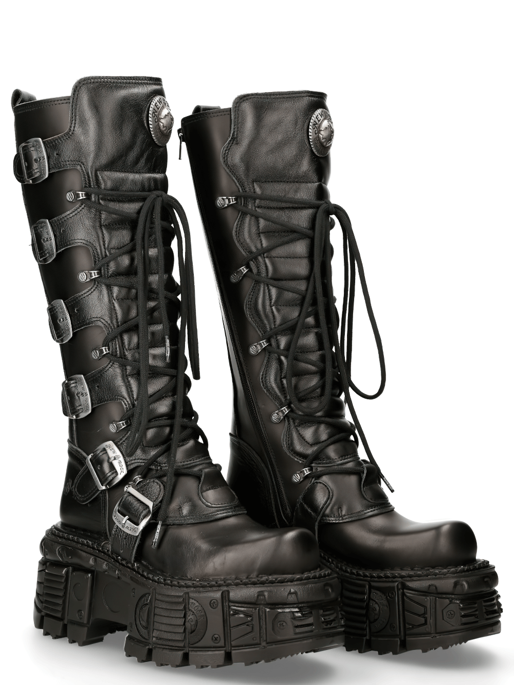 NEW ROCK black leather knee-high boots with buckles and zipper for a gothic punk style.