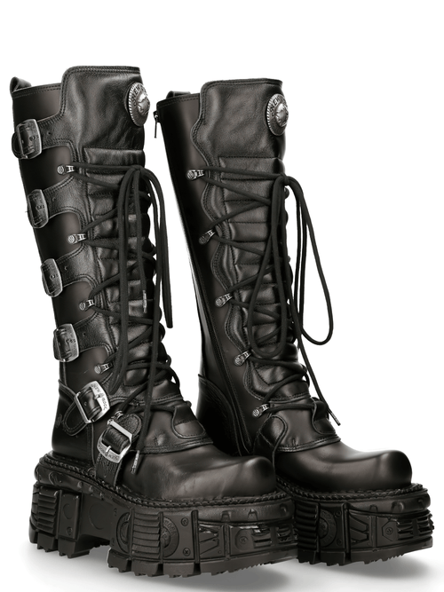 NEW ROCK Women's Black Leather Knee-High Boots with Buckles