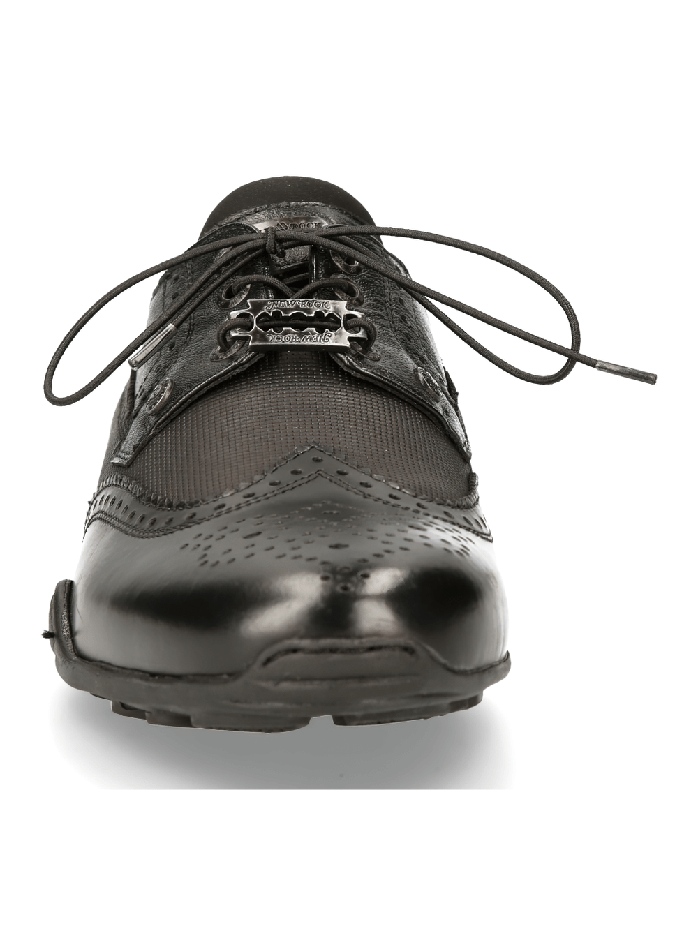 Front view of stylish black leather urban sneakers with lace-up design.