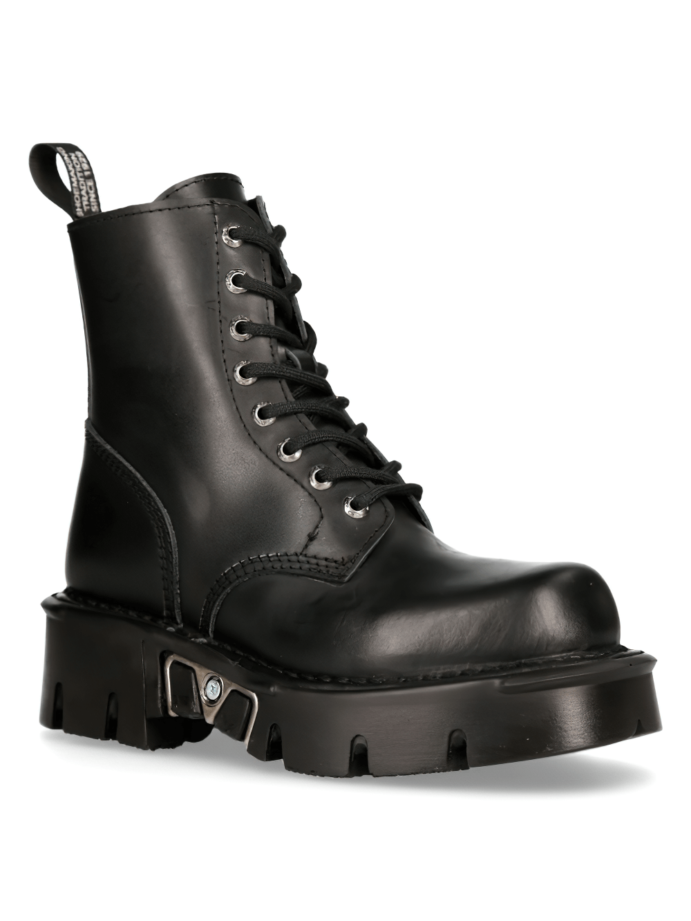 NEW ROCK Men's Black Leather Military-Inspired Platform Boots for a bold punk rock style.