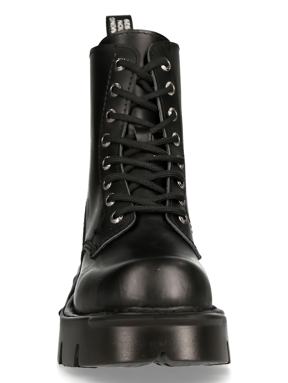 Front view of NEW ROCK Black Leather Military-Inspired Platform Boots with laces and sturdy design.