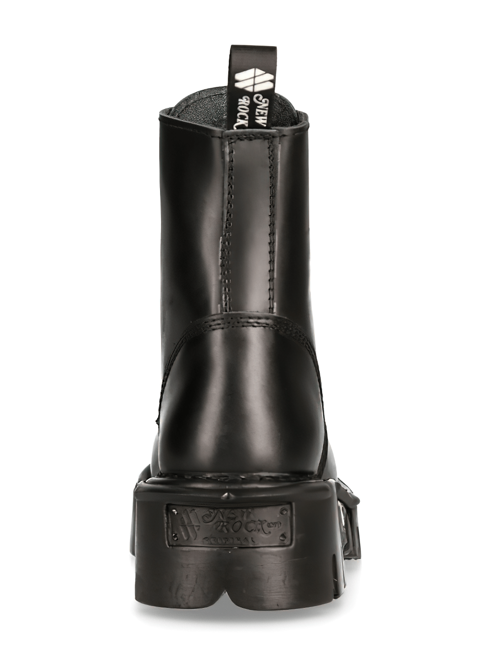 Back view of NEW ROCK black leather military-inspired platform boots with bold gothic style.