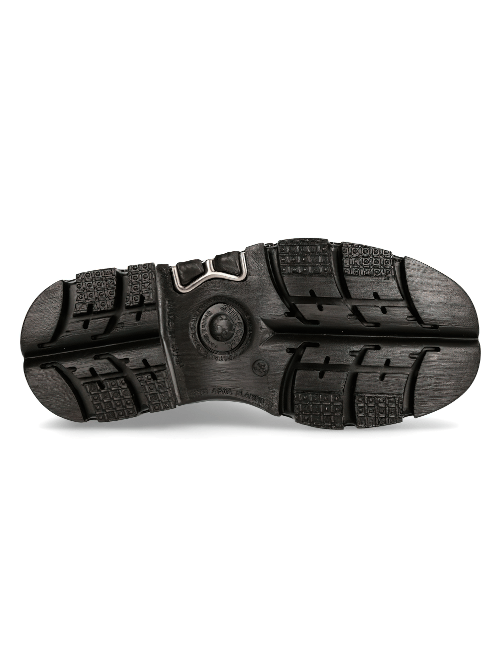 Bottom view of NEW ROCK Men's Black Leather Military-Inspired Platform Boots showcasing durable tread design.