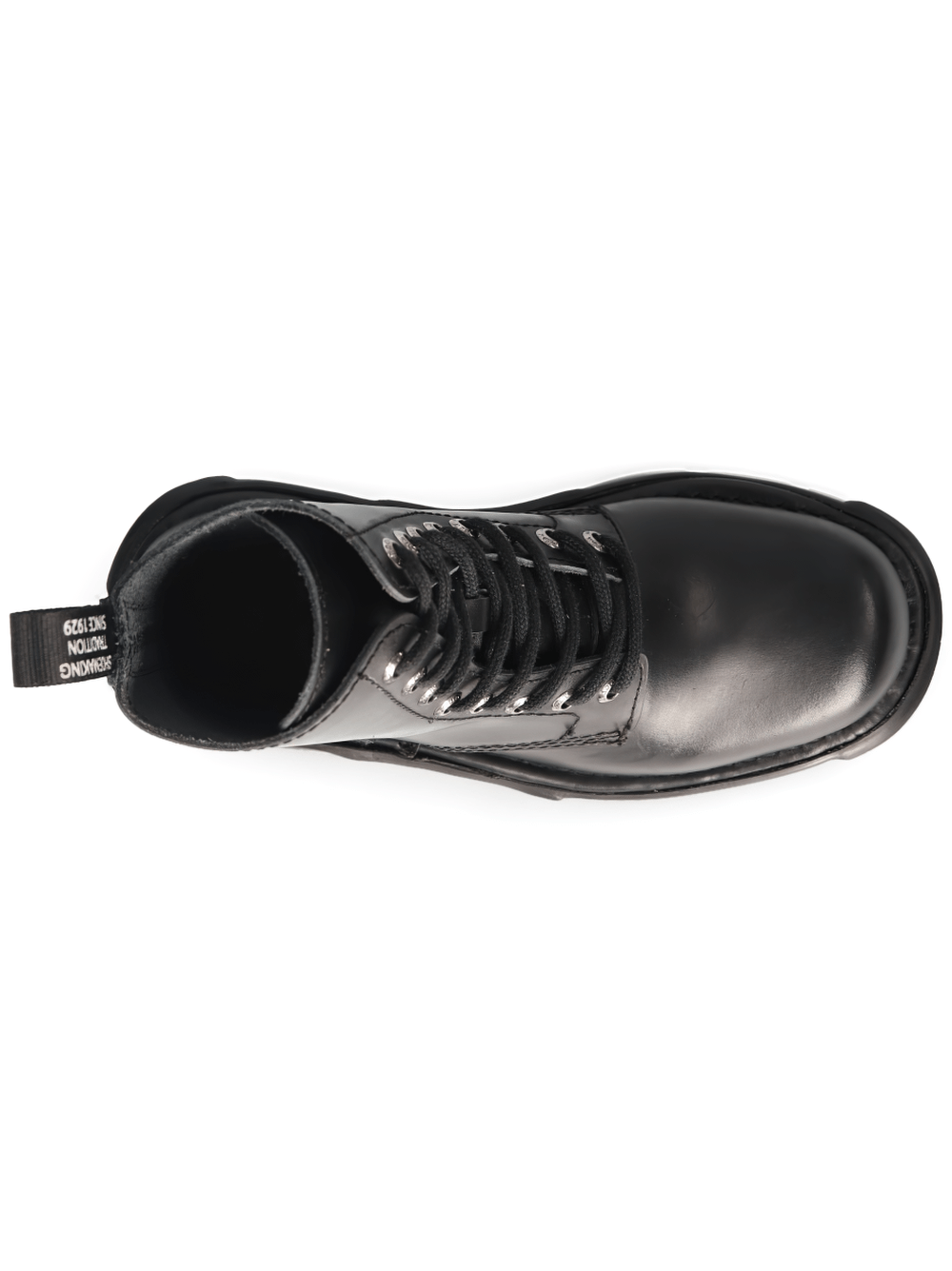 Top view of NEW ROCK Men's black leather military-inspired platform boots featuring sleek design and sturdy laces.