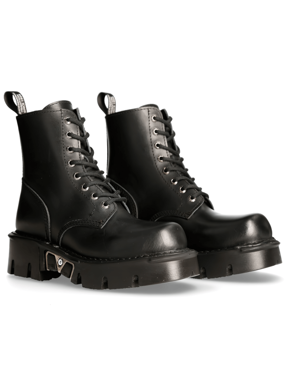 NEW ROCK men's black leather military-inspired platform boots with gothic style and punk flair.