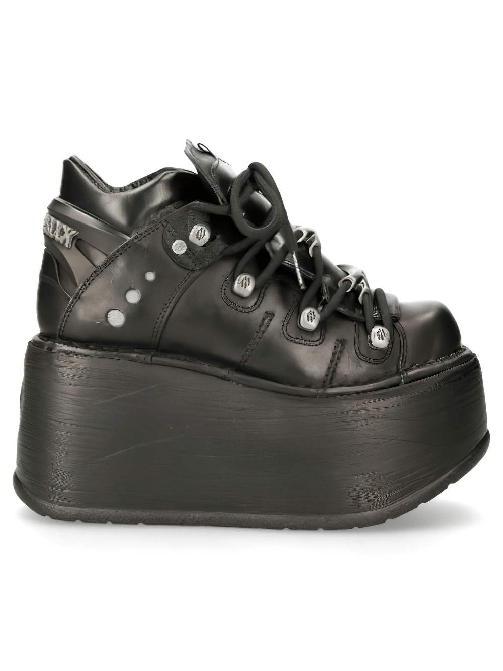 NEW ROCK black leather punk platform ankle boots with gothic design and lace-up detail.