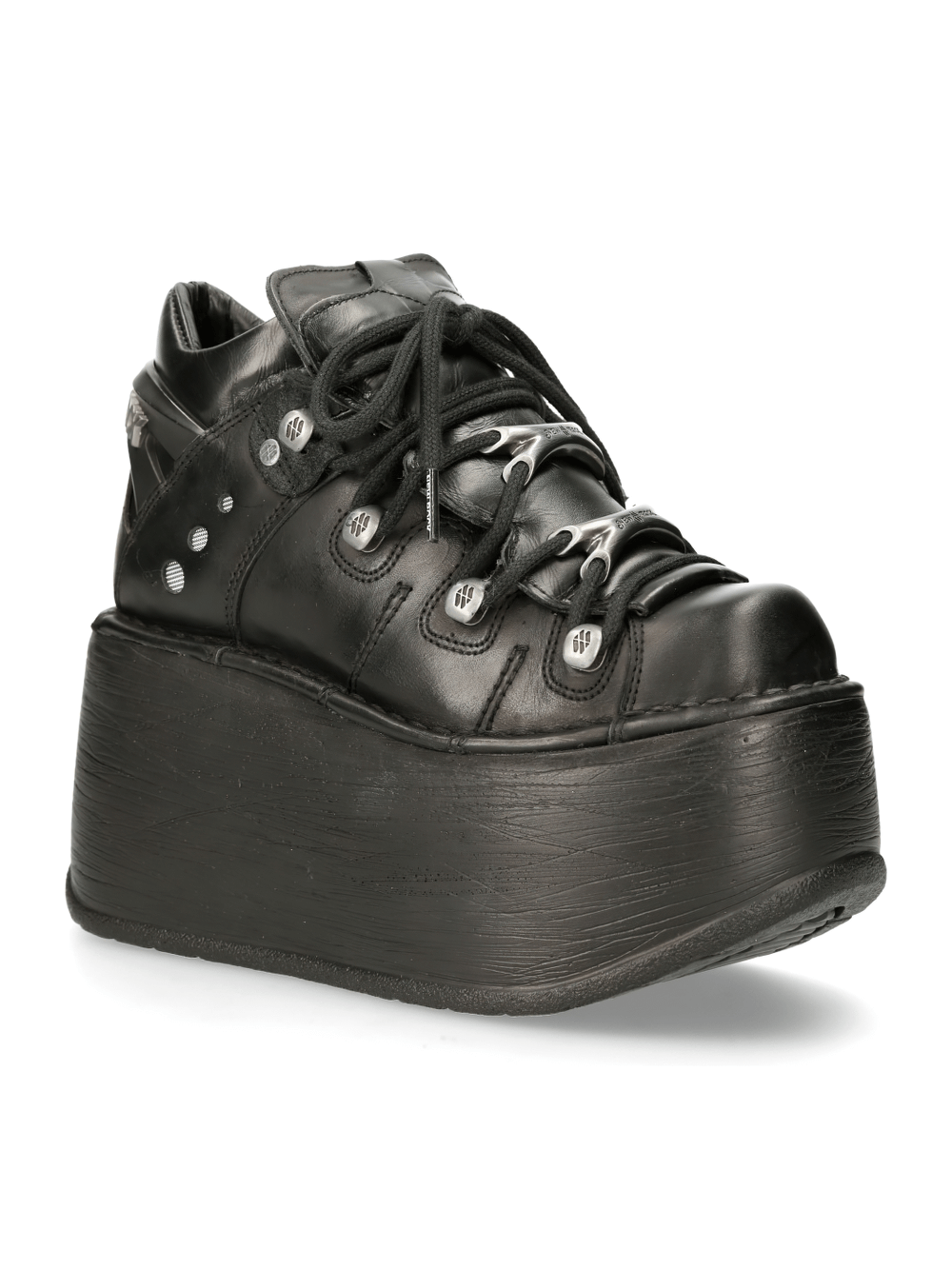 NEW ROCK Black Leather Punk Platform Ankle Boots for women with striking gothic design and metallic accents.