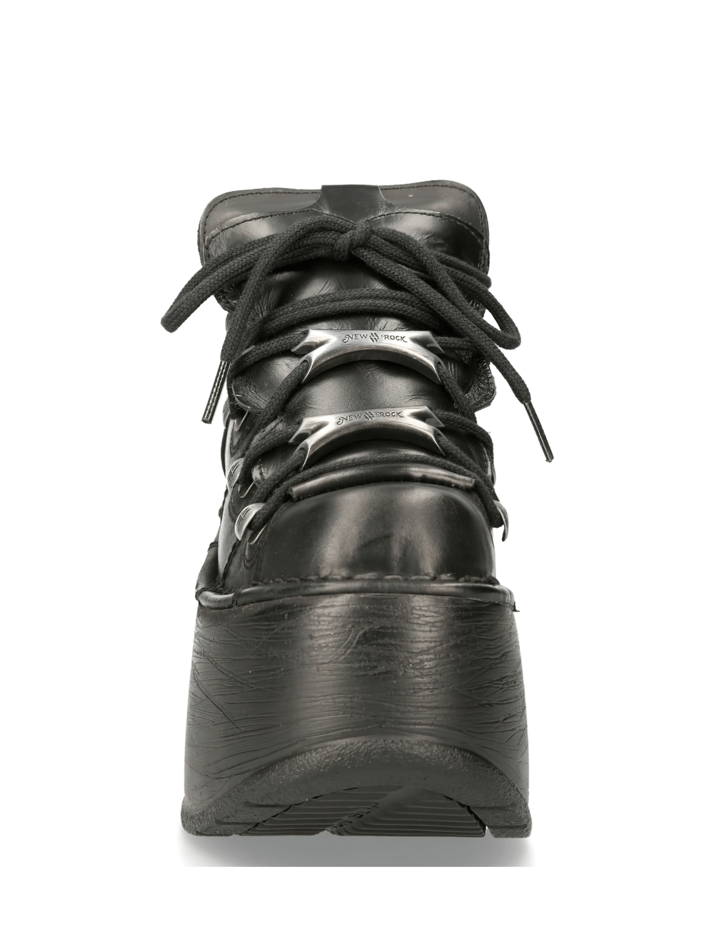 NEW ROCK black leather punk platform ankle boots with lace-up design and metallic elements.
