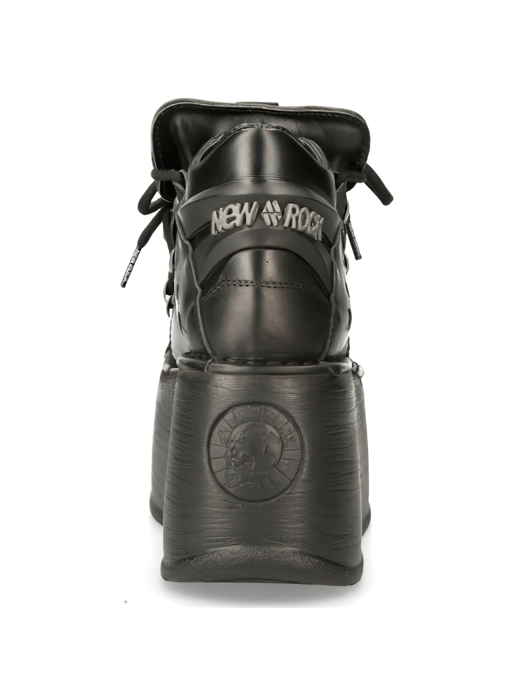 Back view of NEW ROCK black leather punk platform ankle boots showcasing gothic design and bold platform.