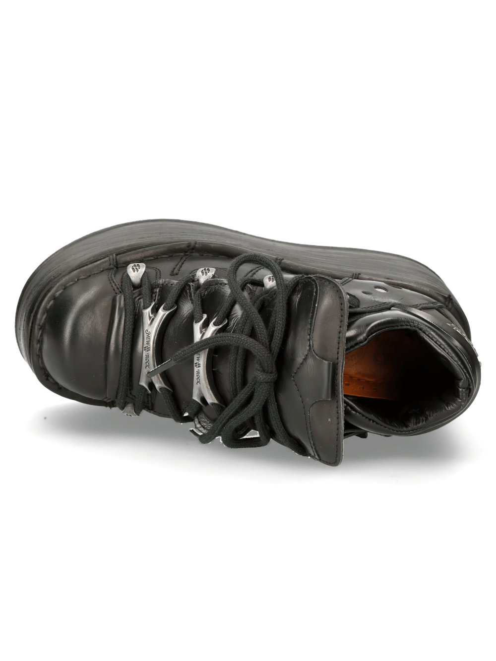 NEW ROCK black leather platform ankle boots with lace-up design and punk rock style.