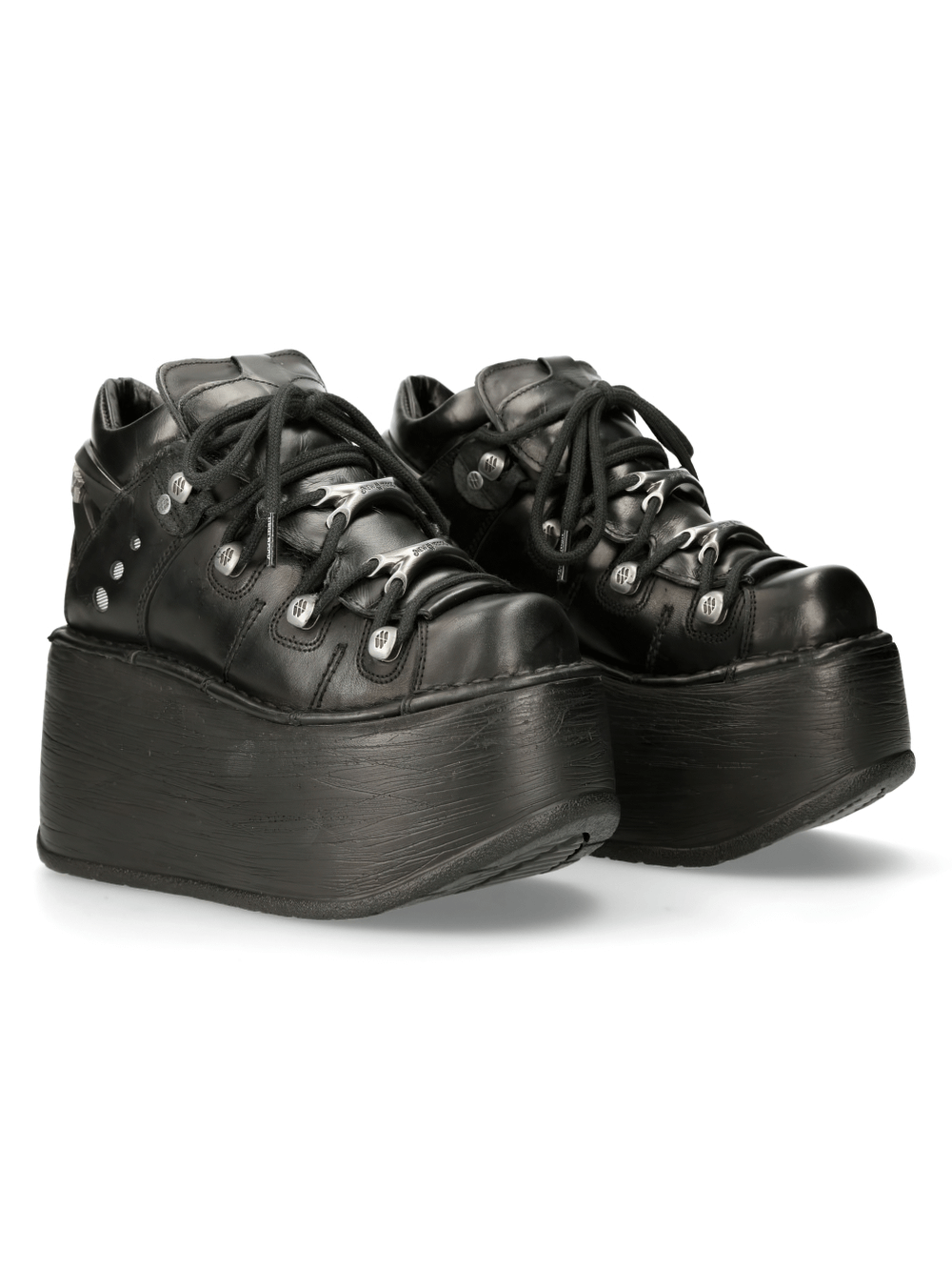 NEW ROCK Black leather punk platform ankle boots with striking metallic details for bold, edgy style.