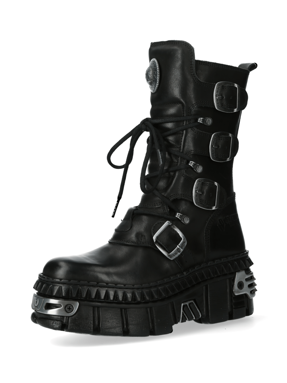 NEW ROCK black leather punk-rock lace-up boots with chunky sole and metallic buckles.