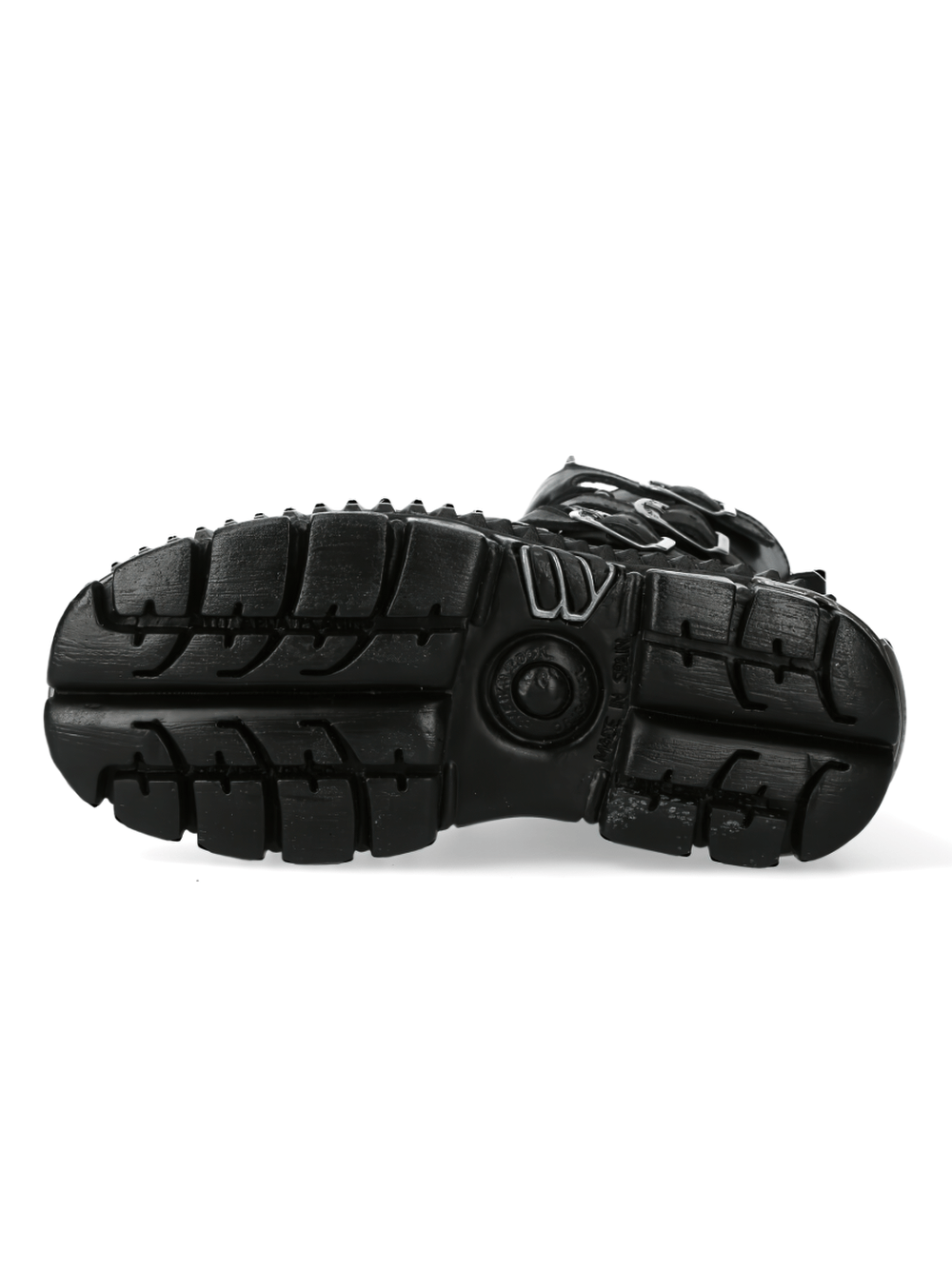 New Rock black leather punk-rock boot sole with rugged tread and metallic detailing.