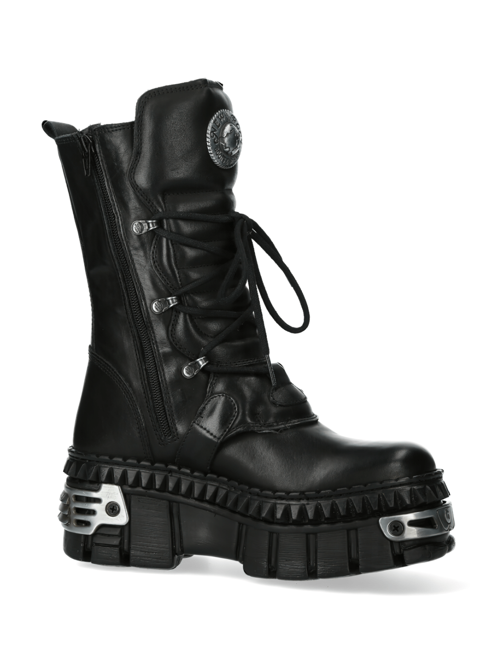 NEW ROCK Black Leather Punk-Rock Boots with metallic details, chunky sole, and edgy lace-up style.