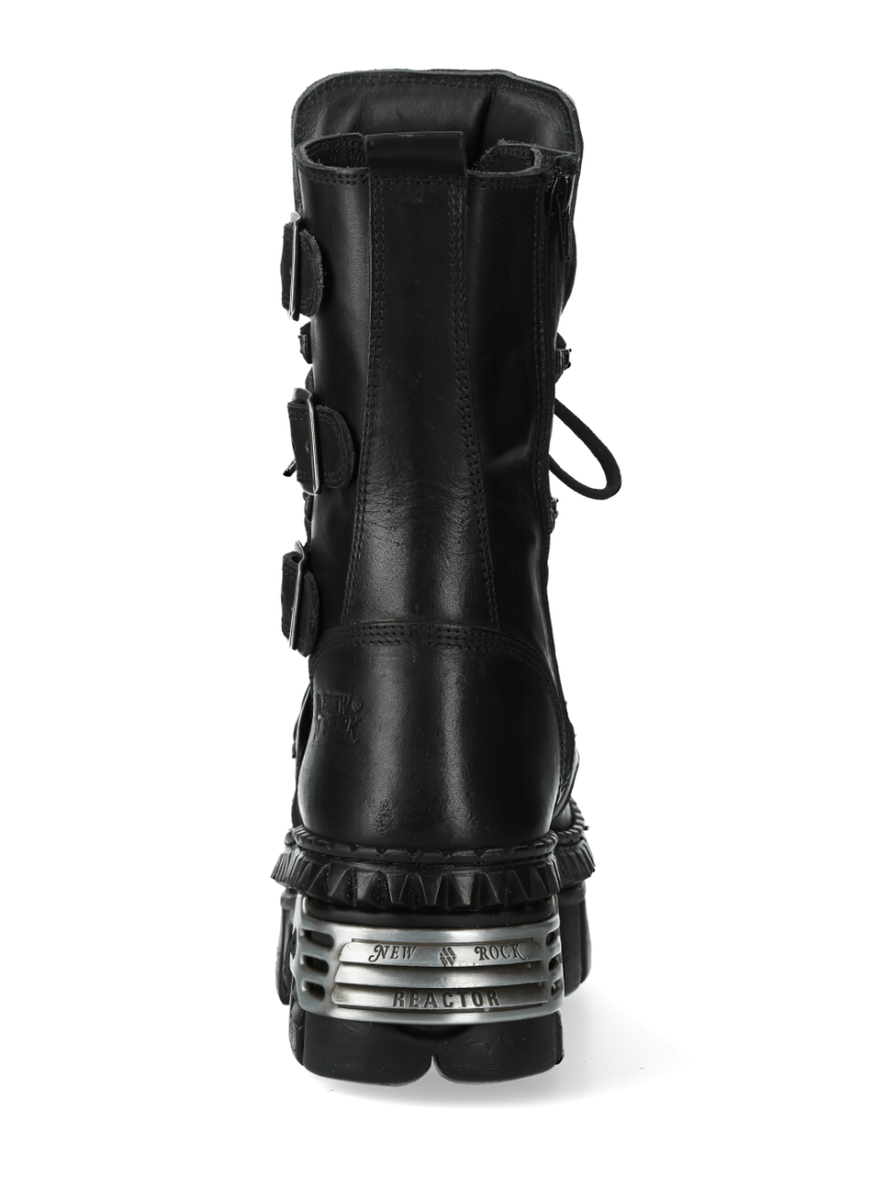 Back view of NEW ROCK black leather punk-rock boots with metallic details and chunky sole.