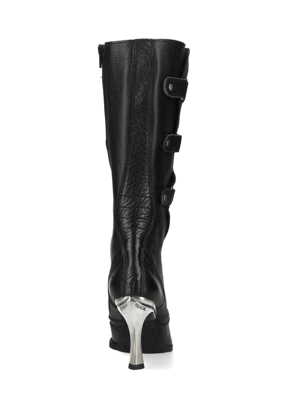 Black leather punk-rock high heel boots with studded accents and multiple buckles from the Malicia Collection.