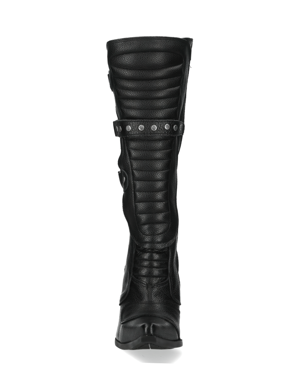 NEW ROCK Black Leather Punk-Rock Studded High Heel Boots with buckles and sleek design.