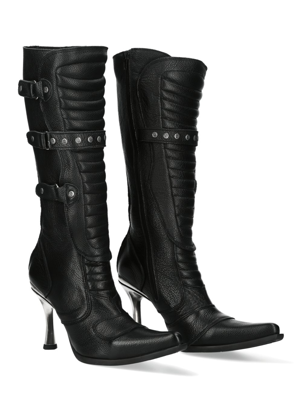 NEW ROCK Black Leather Punk-Rock High Heel Boots with studs and buckles for a bold gothic style.