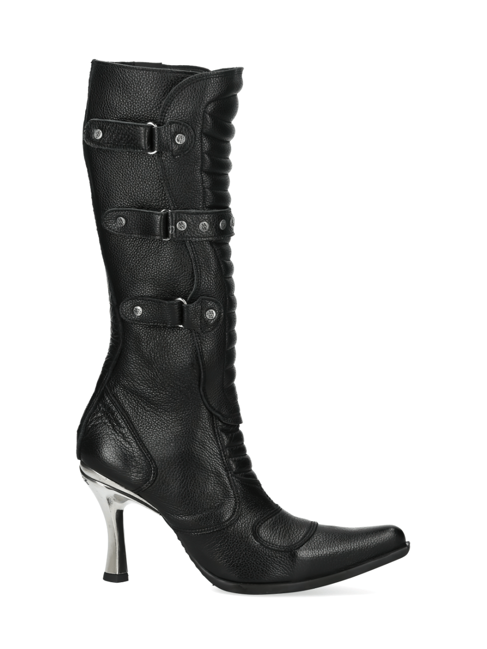 NEW ROCK Black Leather Punk-Rock High Heel Boots with buckles and studded accents, perfect for gothic fashion.