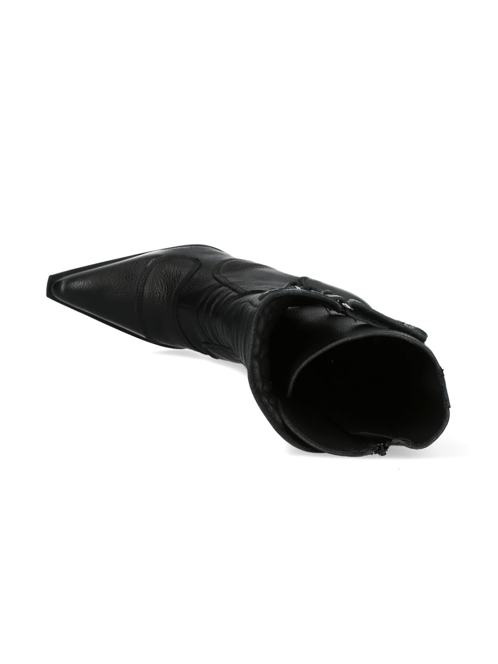 NEW ROCK Black Leather Punk-Rock High Heel Boot, showcasing studded details and sleek design.