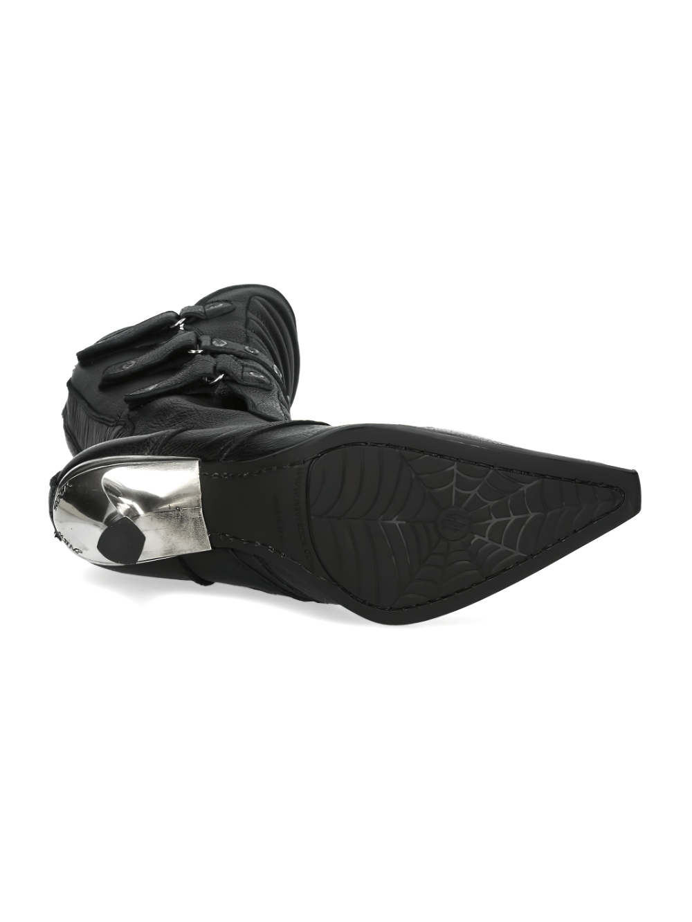 Bottom view of NEW ROCK black leather punk-rock high heel boots with studded accents and spiderweb sole detail.