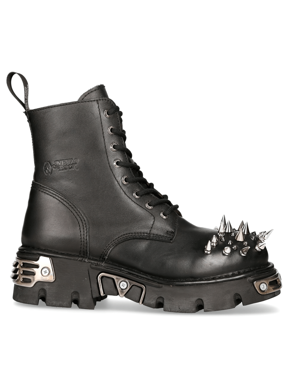 NEW ROCK black leather spike studded ankle boots with military design and robust rubber sole.