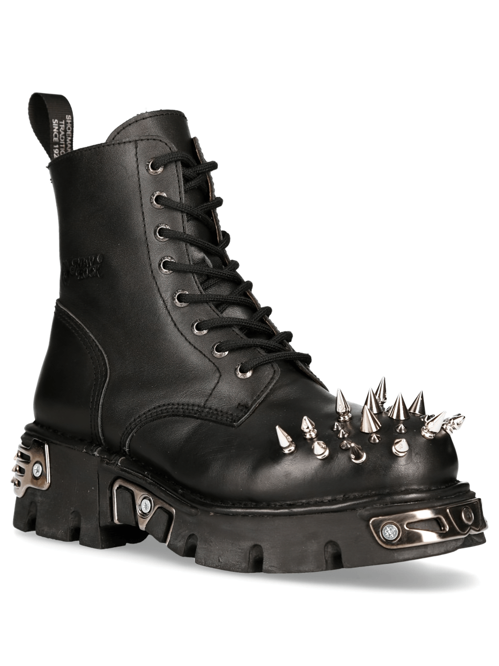 NEW ROCK Black Leather Spike Studded Ankle Boots with fierce spikes and robust rubber sole, perfect for punk-inspired style.