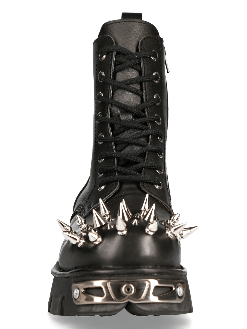 Black leather spike studded ankle boots with lace-up closure and robust sole, showcasing a fierce punk rock style.