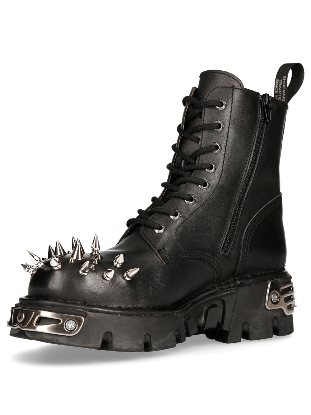 NEW ROCK black leather spike studded ankle boots with lace-up closure and robust rubber sole.