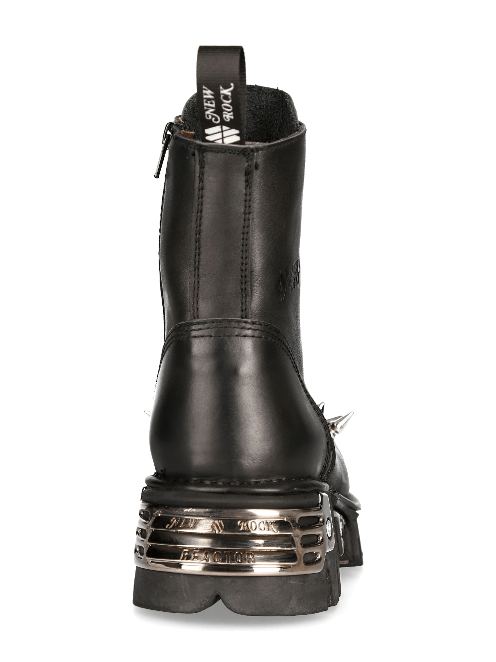 Back view of NEW ROCK black leather spike studded ankle boots with metallic heel detail.