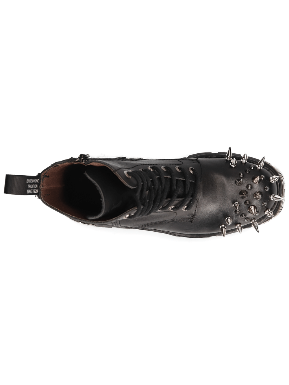 Top view of NEW ROCK black leather spike studded ankle boots with lace-up design and bold spiked embellishments.