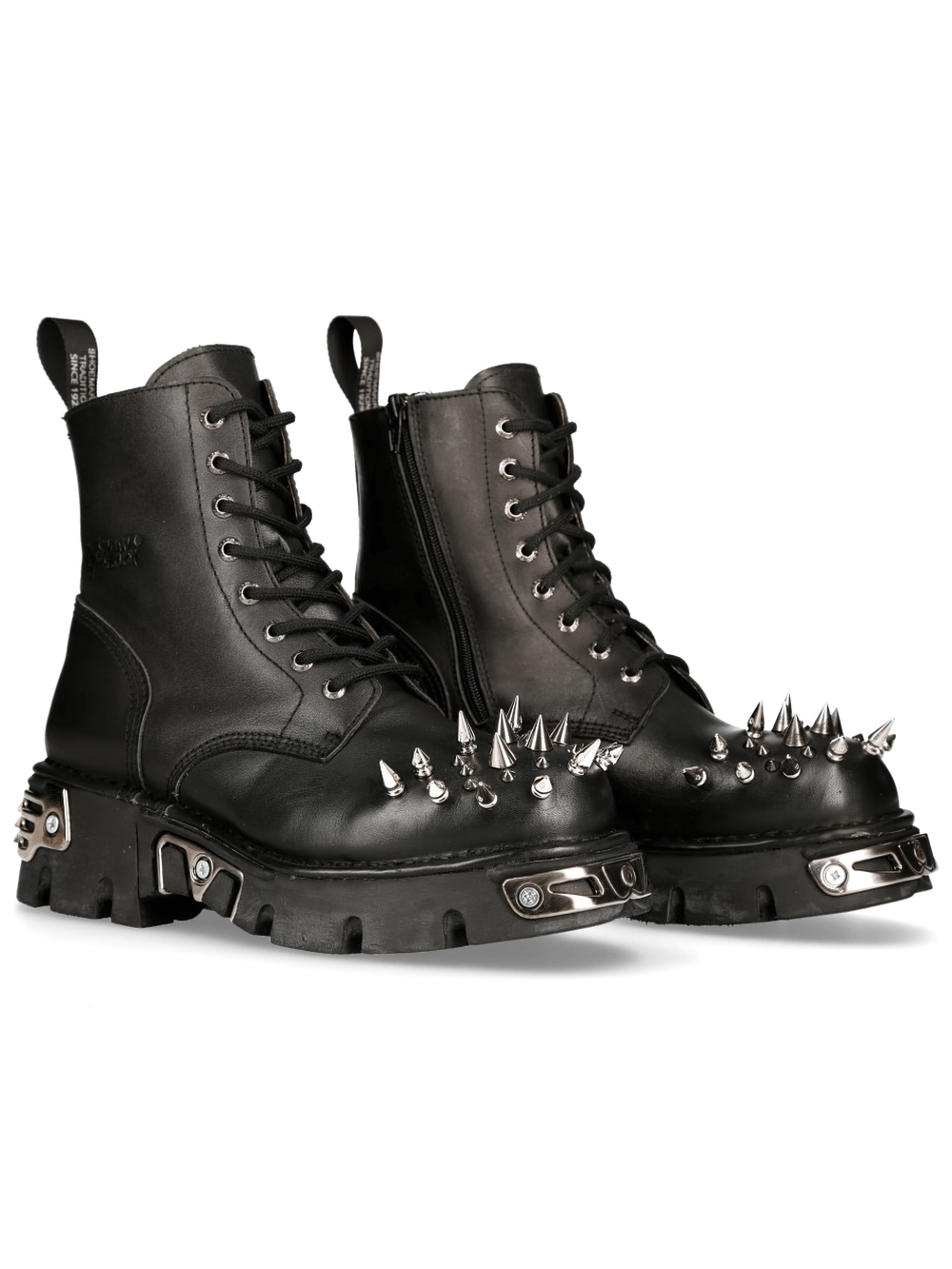 NEW ROCK Black Leather Spike Studded Ankle Boots with lace-up design and rugged sole for a bold punk look.